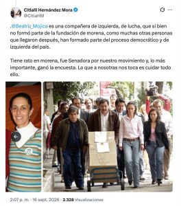 Citlalli Hernández resalta trayectoria de Beatriz Mojica en la izquierda: “Es una compañera de lucha; ganó la encuesta”
